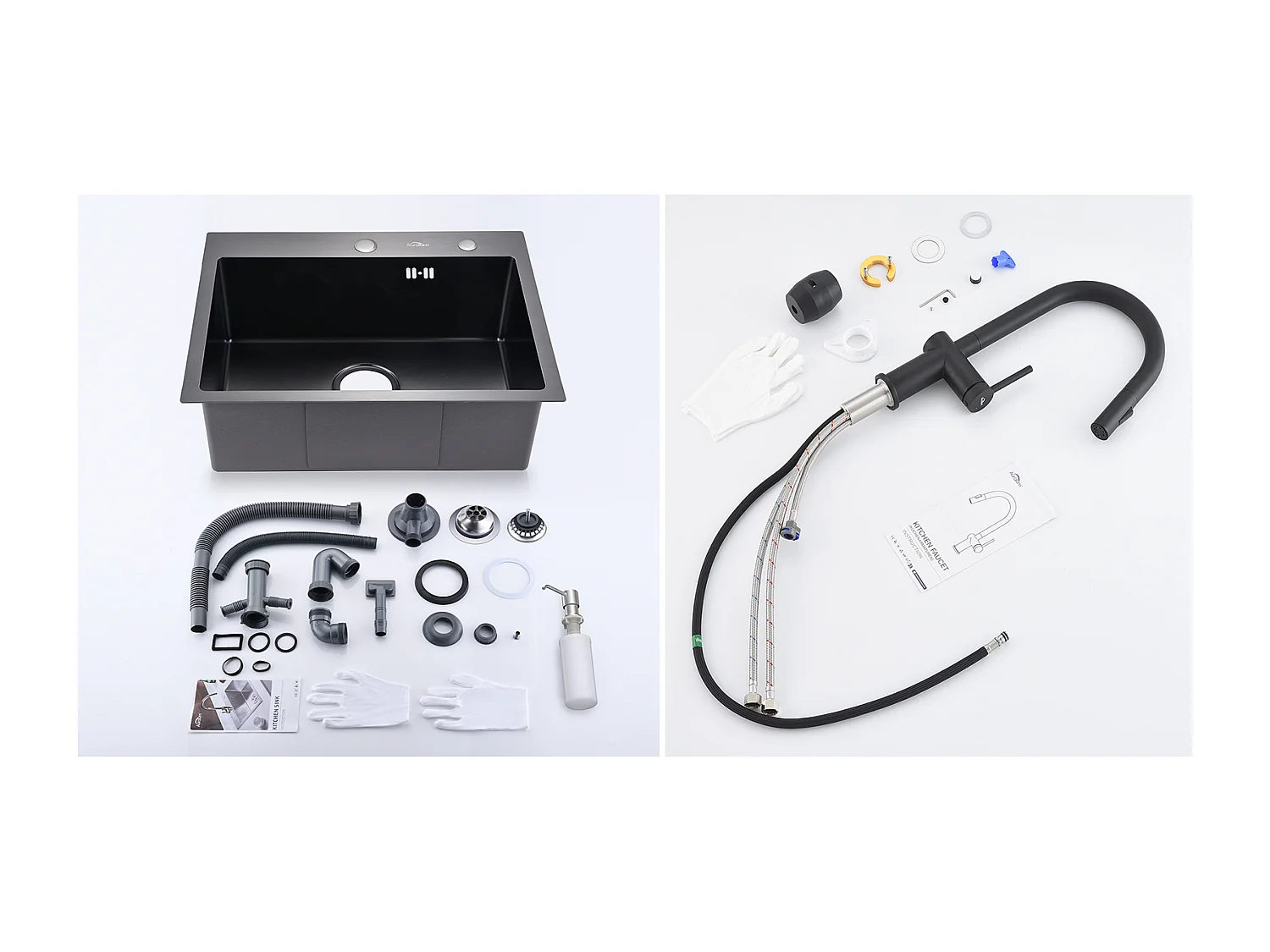   Évier Cuisine 1 Bac 55*45CM Noir +robinet de cuisine rétractable à deux fonctions, Noir