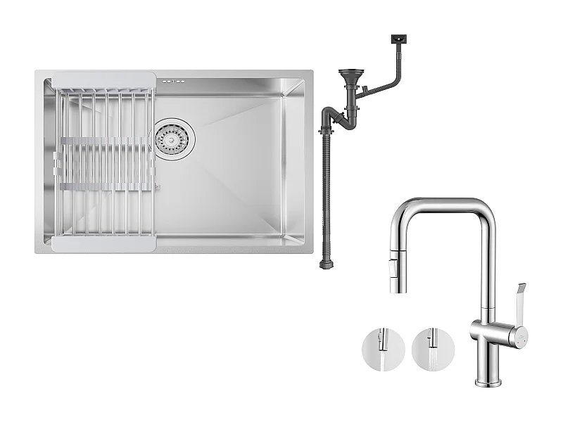 Fregadero Cocina 1 Bandeja 60*44*20CM,inoxidable, empotrado/subplano con Cesta Drainage,Silver+Grifo Cocina con Ducha Extraíble 2 Funciones,Cromado