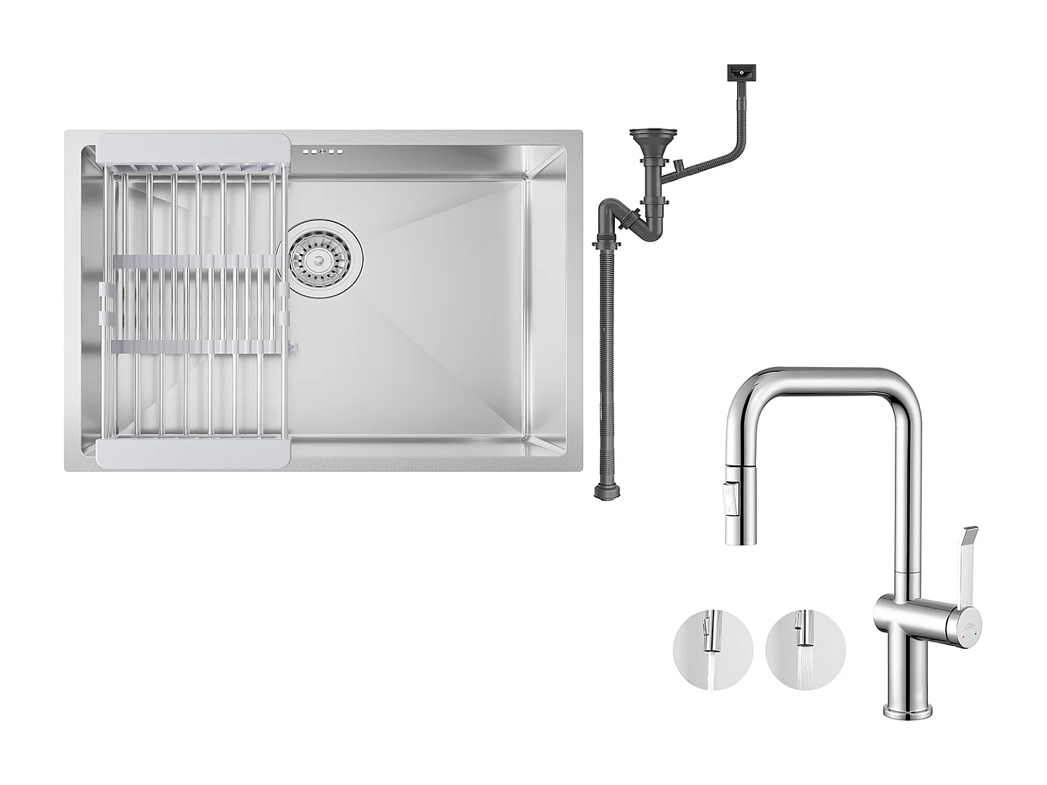 Fregadero Cocina 1 Bandeja 60*44*20CM,inoxidable, empotrado/subplano con Cesta Drainage,Silver+Grifo Cocina con Ducha Extraíble 2 Funciones,Cromado