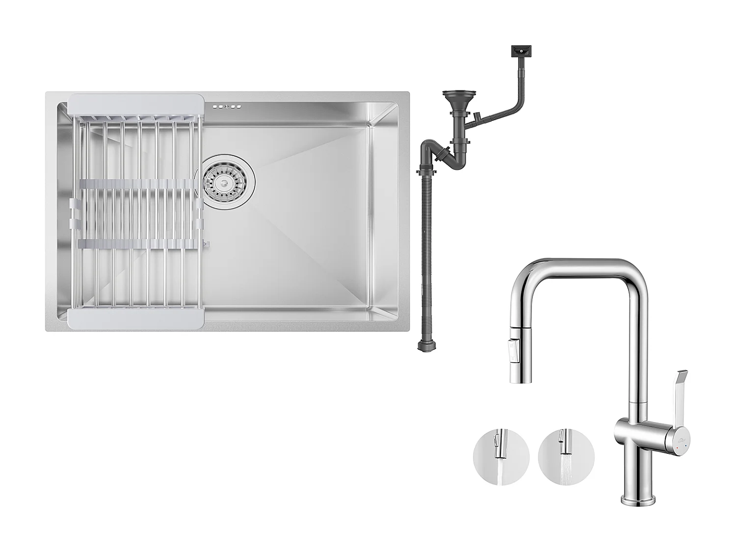 Évier Cuisine 1 Bac 60*44*20CM,inox,à Encastrer/sous-plan avec Panier Drainage,Silver+Robinet Cuisine avec Douchette Extractible 2 Fonctions,Chromé