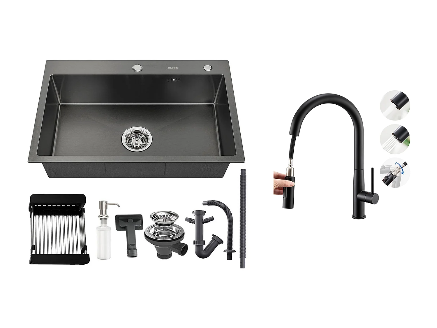 Fregadero Cocina 68x45x19CM,Distributor Jabón/ Escurridor Cesta+Grifo Cocina con Ducha Extraíble,Agua Fría/Caliente,Boca Forma U,Negro