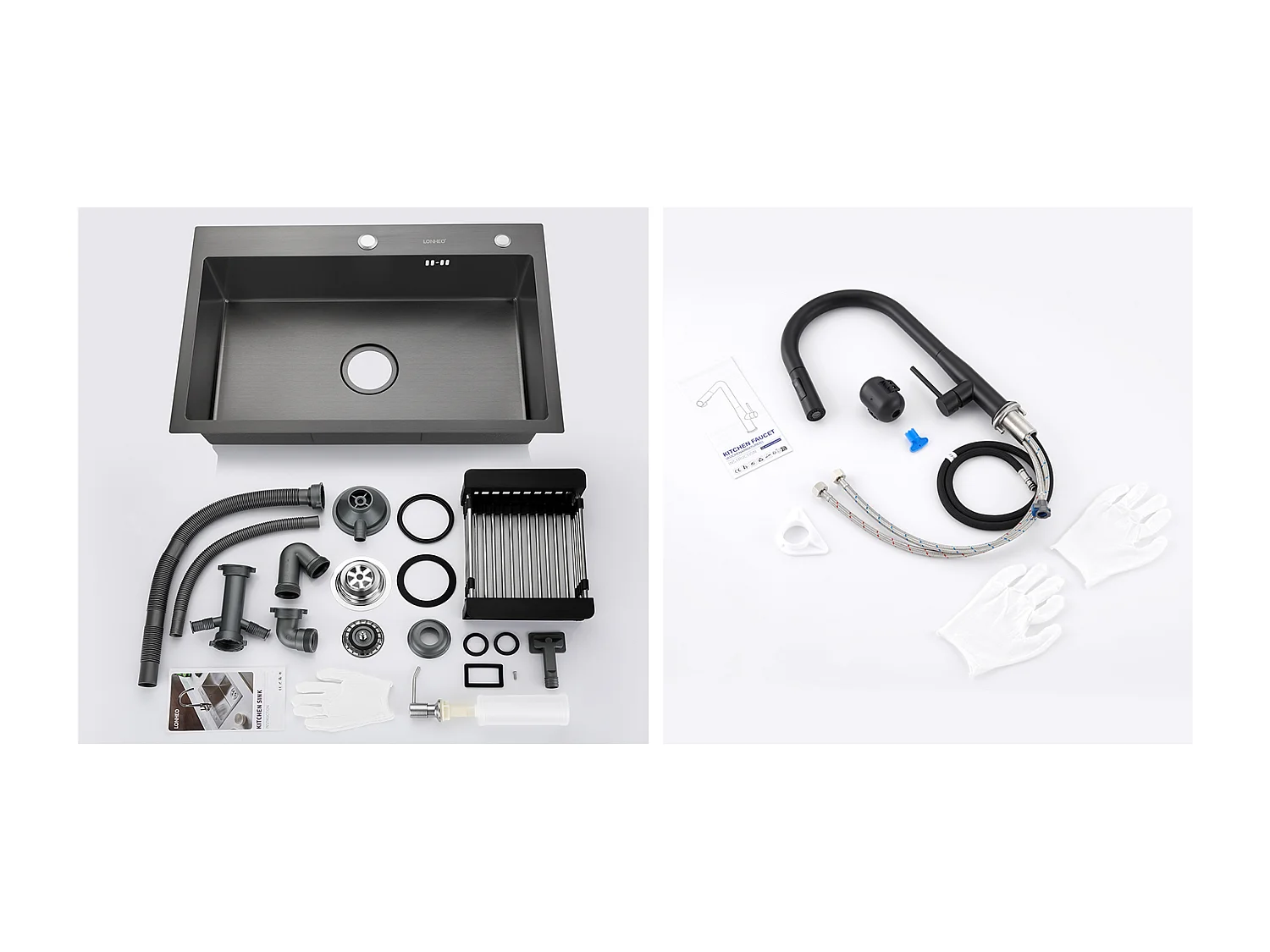 Fregadero Cocina 68x45x19CM,Distributor Jabón/ Escurridor Cesta+Grifo Cocina con Ducha Extraíble,Agua Fría/Caliente,Boca Forma U,Negro