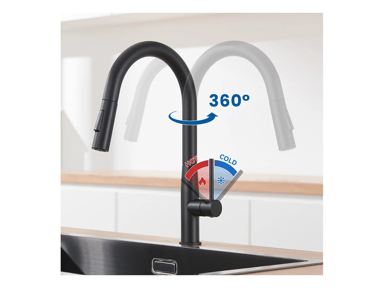Évier Cuisine 68x45x19CM,Distrubuteur savon/ Égouttoir panier+Robinet Cuisine avec Douchette Extractible,Eau Froide/Chaude,Bec Forme U,Noir