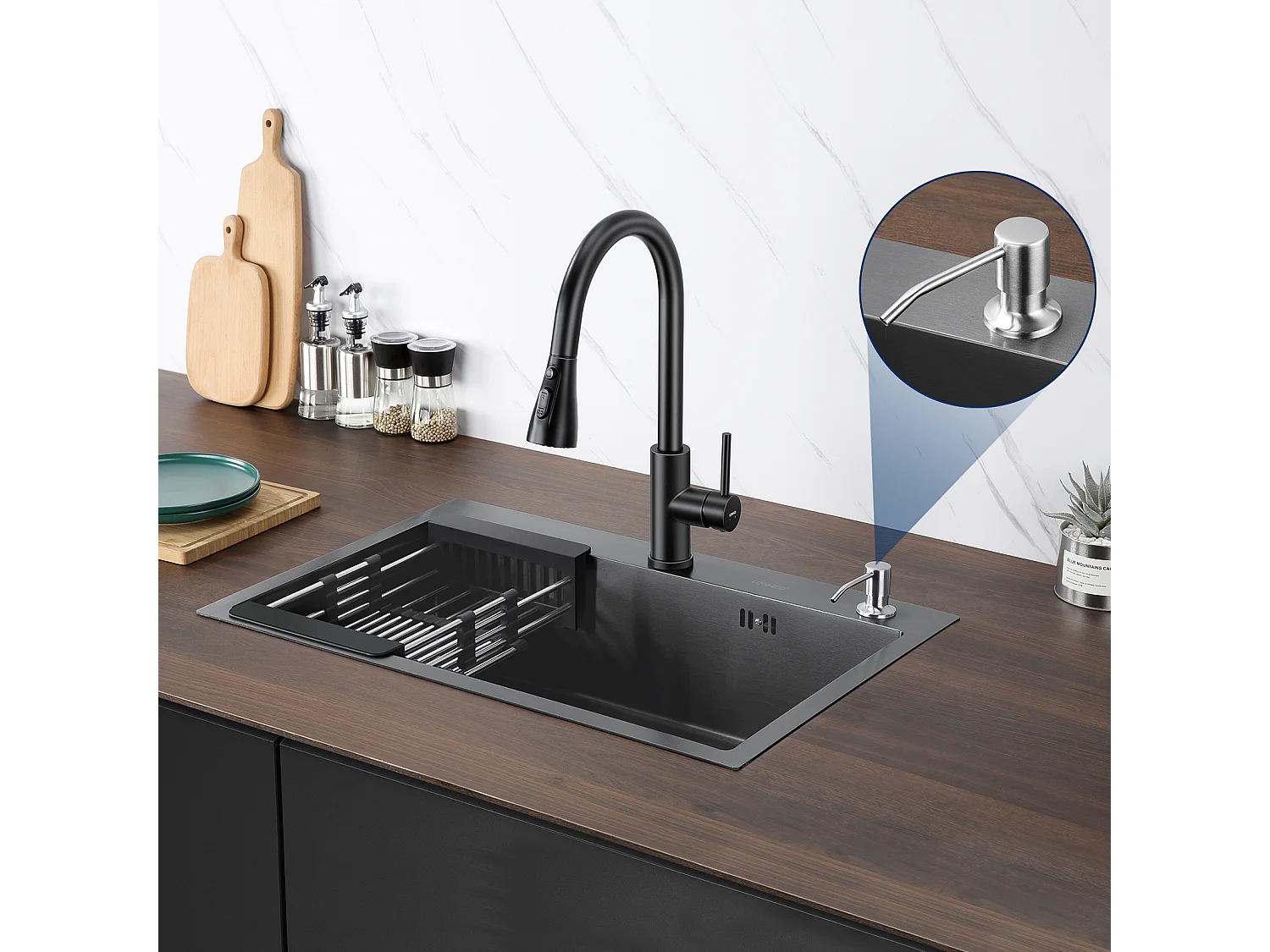 Évier Cuisine 68x45x19CM,Distrubuteur savon/ Égouttoir panier+Robinet Cuisine avec Douchette Extractible,Eau Froide/Chaude,Bec Forme U,Noir