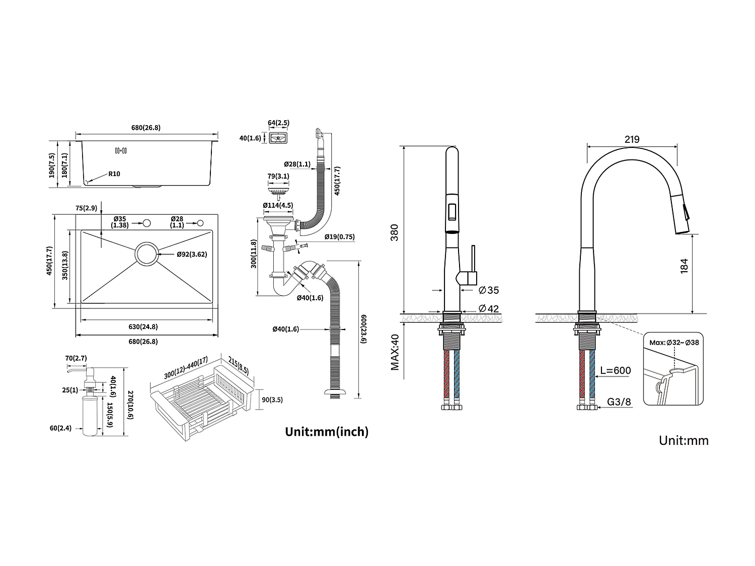 Évier Cuisine 68x45x19CM,Distrubuteur savon/ Égouttoir panier+Robinet Cuisine avec Douchette Extractible,Eau Froide/Chaude,Bec Forme U,Noir
