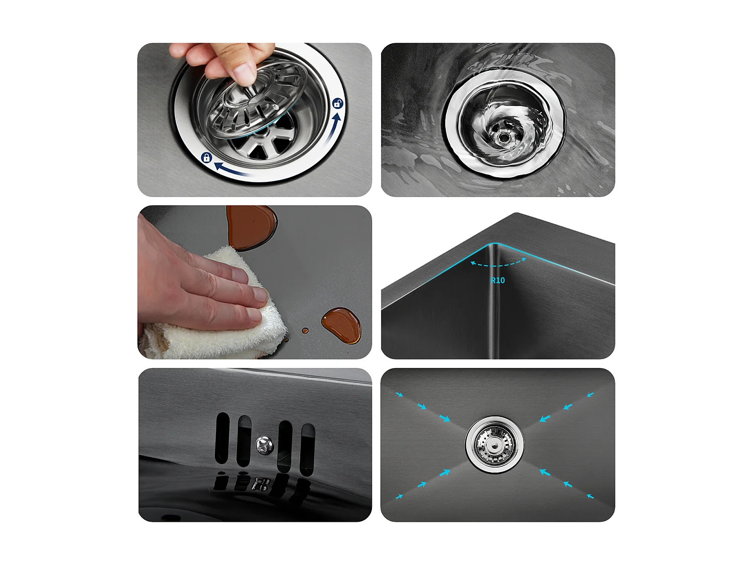 Évier Cuisine 68x45x19CM,Distrubuteur savon/ Égouttoir panier+Robinet Cuisine avec Douchette Extractible,Eau Froide/Chaude,Bec Forme U,Noir