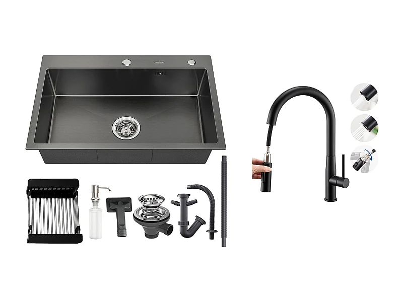 Aanrecht 68x45x19CM,Zeepverdeler/Afdruiprekmand+Keukenkraan met Uittrekbare Handdouche,Koud/Warm Water,U-vormige Uitloop,Zwart