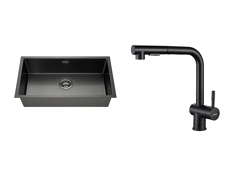 Évier Cuisine 1 Bac 74*44*20CM,en Inox Brossé avec Siphon et Trop-Pleinn + Robinet de Cuisine Noir Douchette Extractible à 2 Jets