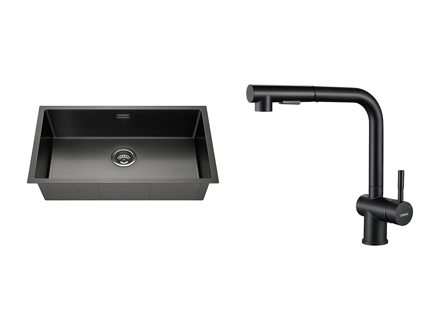 Évier Cuisine 1 Bac 74*44*20CM,en Inox Brossé avec Siphon et Trop-Pleinn + Robinet de Cuisine Noir Douchette Extractible à 2 Jets