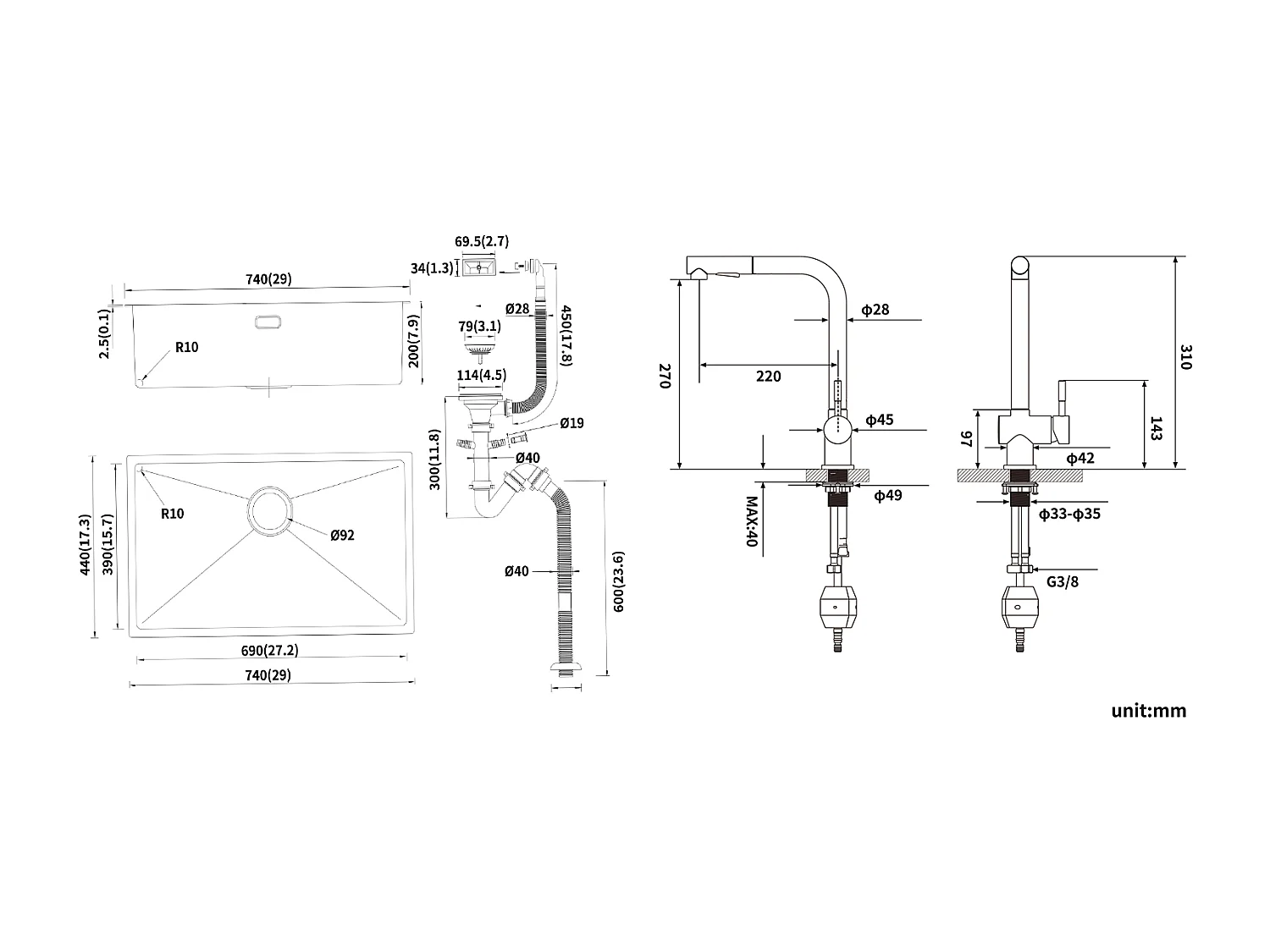 Évier Cuisine 1 Bac 74*44*20CM,en Inox Brossé avec Siphon et Trop-Pleinn + Robinet de Cuisine Noir Douchette Extractible à 2 Jets