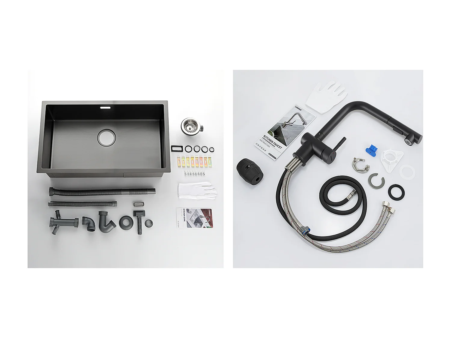 Évier Cuisine 1 Bac 74*44*20CM,en Inox Brossé avec Siphon et Trop-Pleinn + Robinet de Cuisine Noir Douchette Extractible à 2 Jets