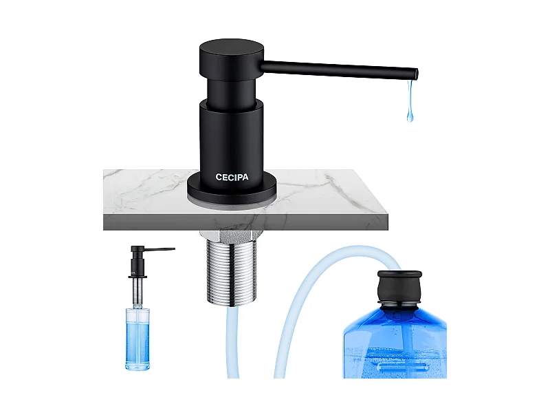 Cecipa MAX Küchenseifenspender Schwarz – Spülbeckenseifenspender mit 300-ml-Behälter + 1,25 m Silikon-Verlängerungsschlauch