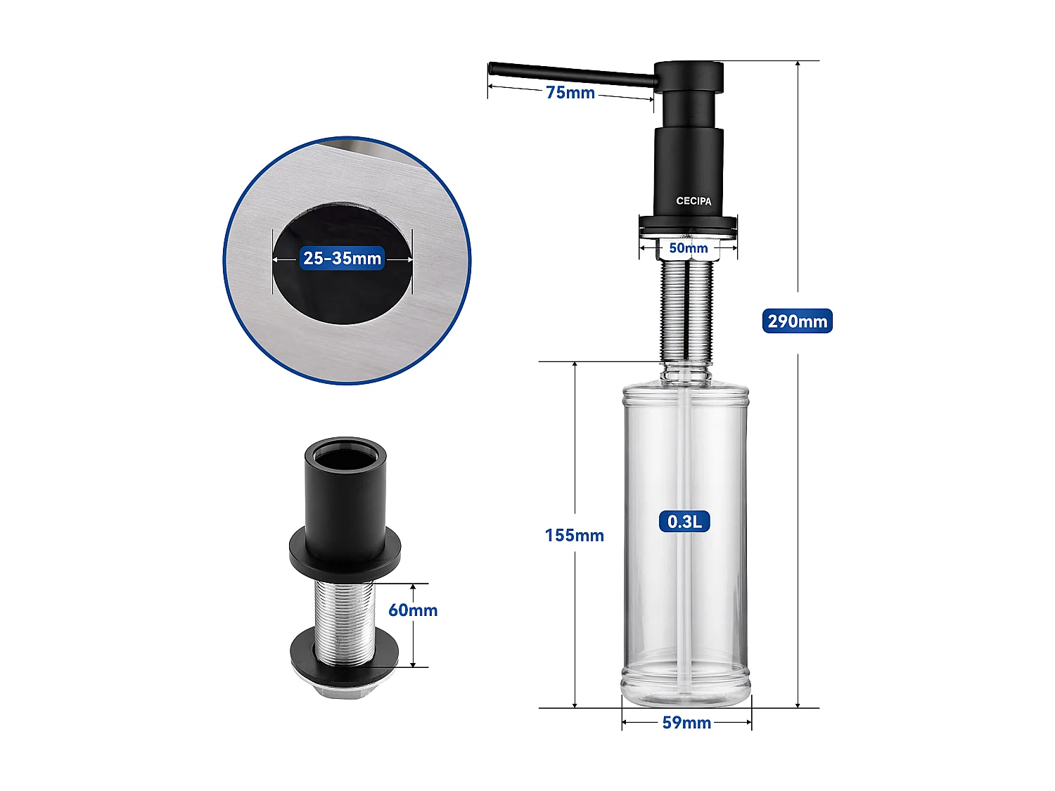 Cecipa MAX Distributeur de Savon de Cuisine Noir-Distributeur de Savon pour Evier avec Récipient de 300ML + Tuyau d'extension en Silicone de 1,25M