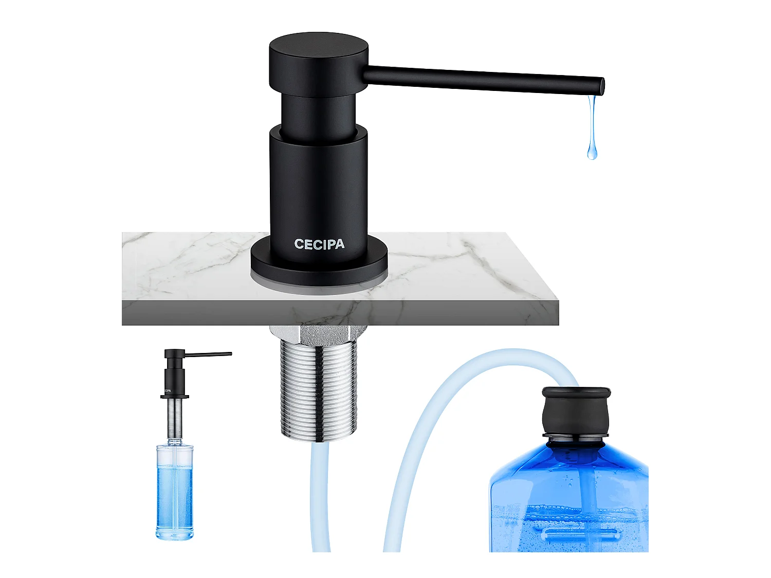 Cecipa MAX Distributeur de Savon de Cuisine Noir-Distributeur de Savon pour Evier avec Récipient de 300ML + Tuyau d'extension en Silicone de 1,25M