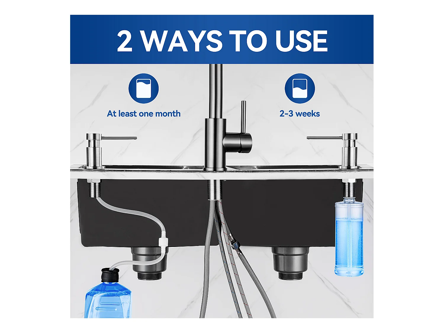 Dispensador de jabón de cocina cepillado con contenedor de 300ML + manguera de extensión de silicona de 1,25M - Dispensador de jabón para fregadero de cocina