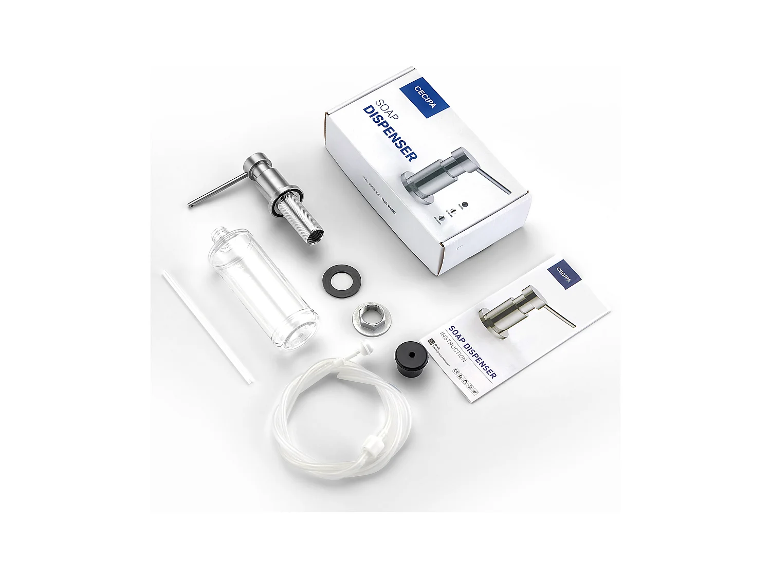 Dispensador de jabón de cocina cepillado con contenedor de 300ML + manguera de extensión de silicona de 1,25M - Dispensador de jabón para fregadero de cocina