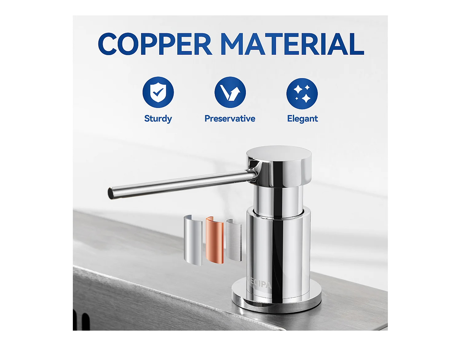 Cecipa MAX Dispensador de jabón de cocina cromado, dispensador de jabón para fregadero con contenedor de 300ML + manguera de extensión de silicona de 1,25M