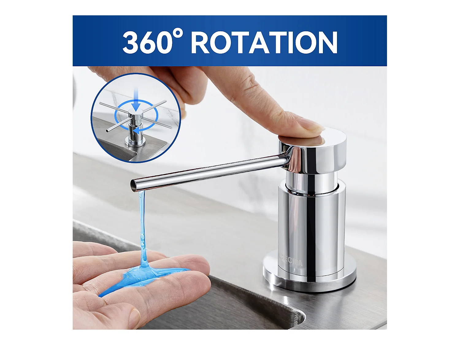 Cecipa MAX Dispensador de jabón de cocina cromado, dispensador de jabón para fregadero con contenedor de 300ML + manguera de extensión de silicona de 1,25M