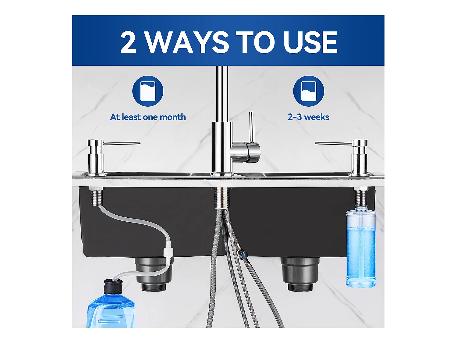 Cecipa MAX Dispensador de jabón de cocina cromado, dispensador de jabón para fregadero con contenedor de 300ML + manguera de extensión de silicona de 1,25M