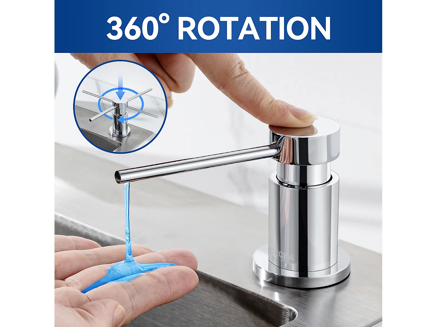 Cecipa MAX Dispensador de jabón de cocina cromado, dispensador de jabón para fregadero con contenedor de 300ML + manguera de extensión de silicona de 1,25M