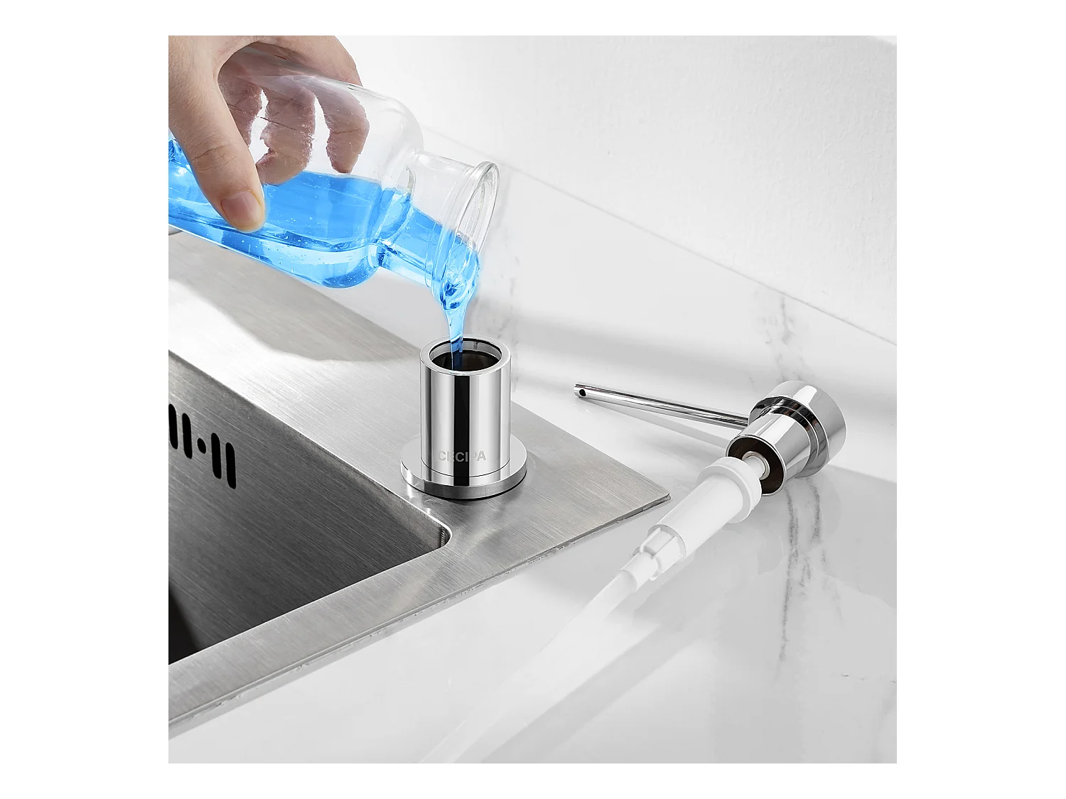 Cecipa MAX Distributeur de Savon de Cuisine Chromé, Distributeur de Savon pour Evier avec Récipient de 300ML + Tuyau d'extension en Silicone de 1,25M