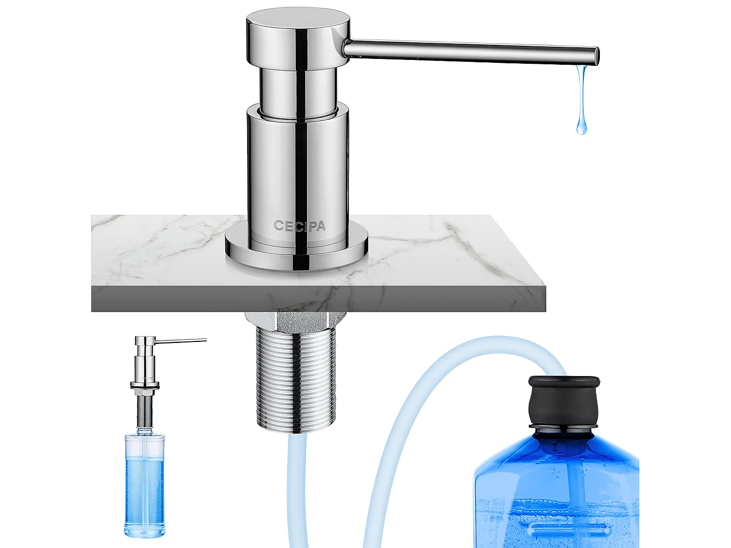 Cecipa MAX Distributeur de Savon de Cuisine Chromé, Distributeur de Savon pour Evier avec Récipient de 300ML + Tuyau d'extension en Silicone de 1,25M