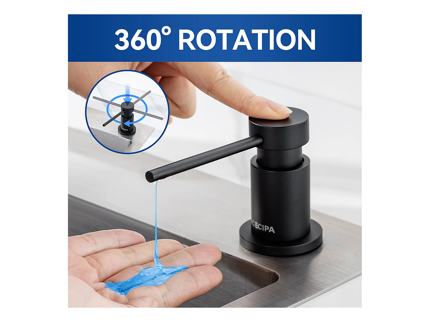 Noir Distributeur de Savon de Cuisine, Distributeur de Savon pour Evier de Cuisine avec Récipient de 300ML + Tuyau d'extension en Silicone de 1,25M