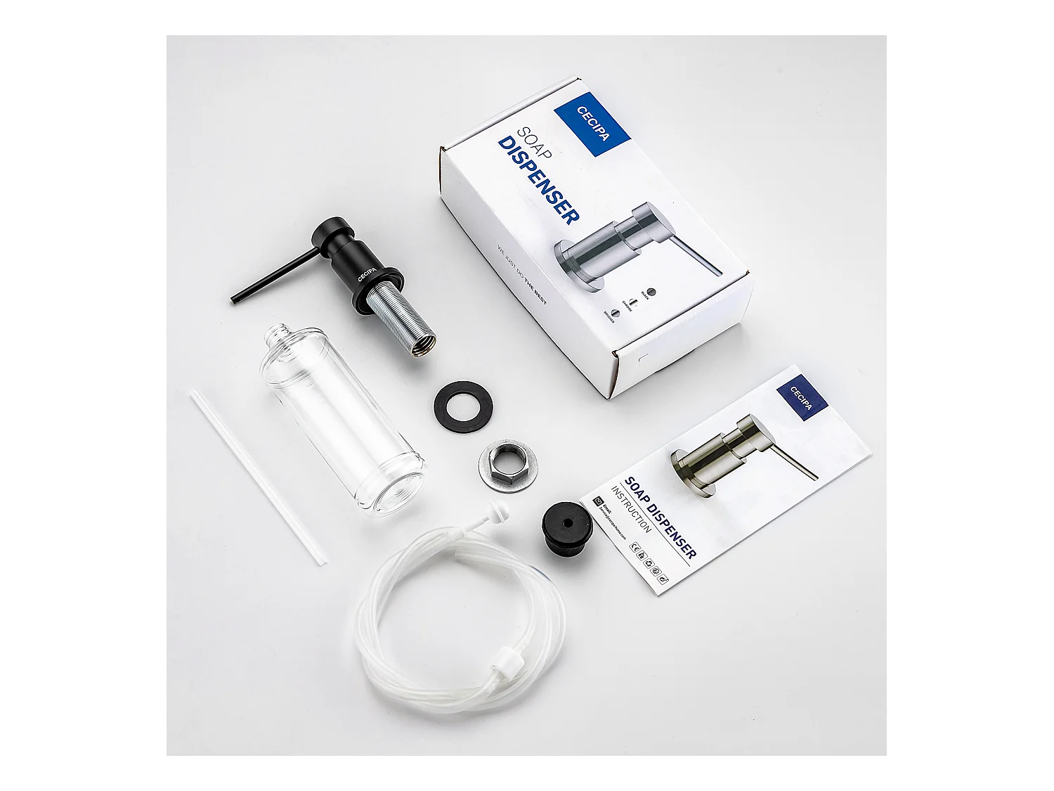 Zwarte keukenzeepdispenser, gootsteenzeepdispenser met 300 ml container + 1,25 m siliconen verlengslang