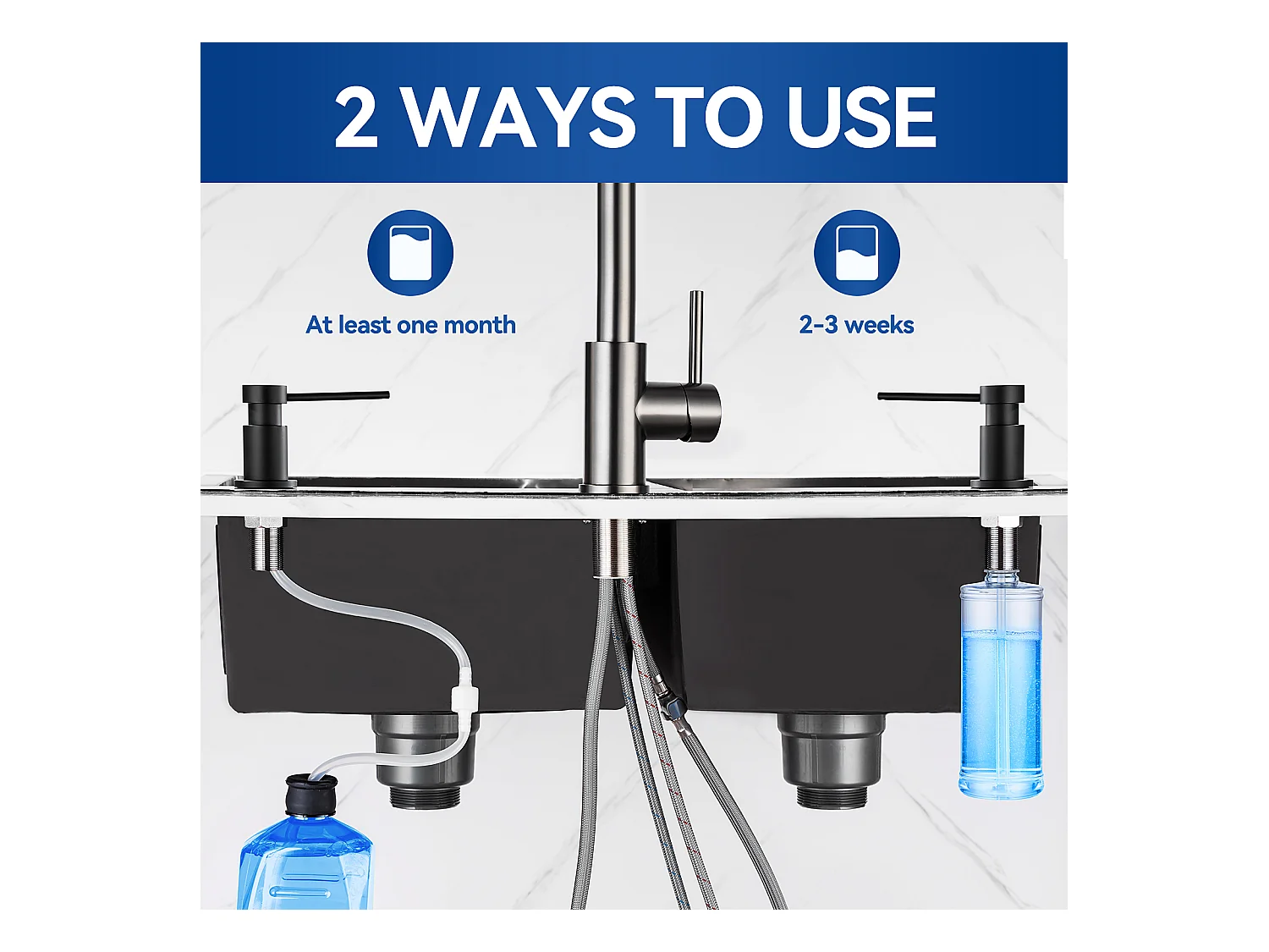 Zwarte keukenzeepdispenser, gootsteenzeepdispenser met 300 ml container + 1,25 m siliconen verlengslang
