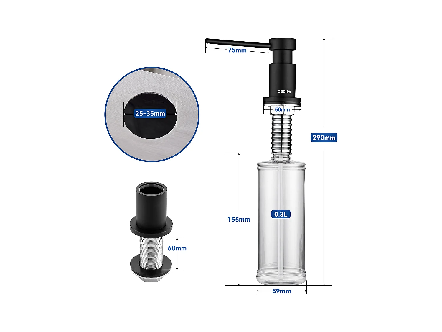 Zwarte keukenzeepdispenser, gootsteenzeepdispenser met 300 ml container + 1,25 m siliconen verlengslang