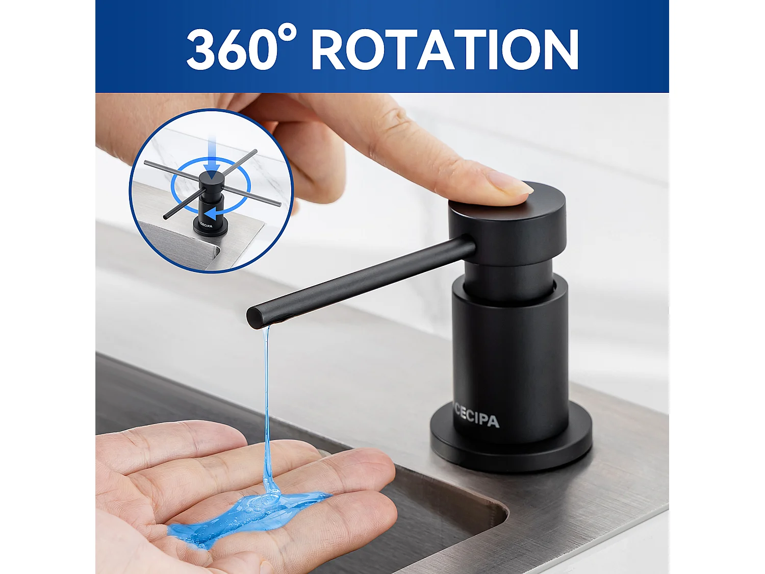 Noir Distributeur de Savon de Cuisine, Distributeur de Savon pour Evier de Cuisine avec Récipient de 300ML + Tuyau d'extension en Silicone de 1,25M