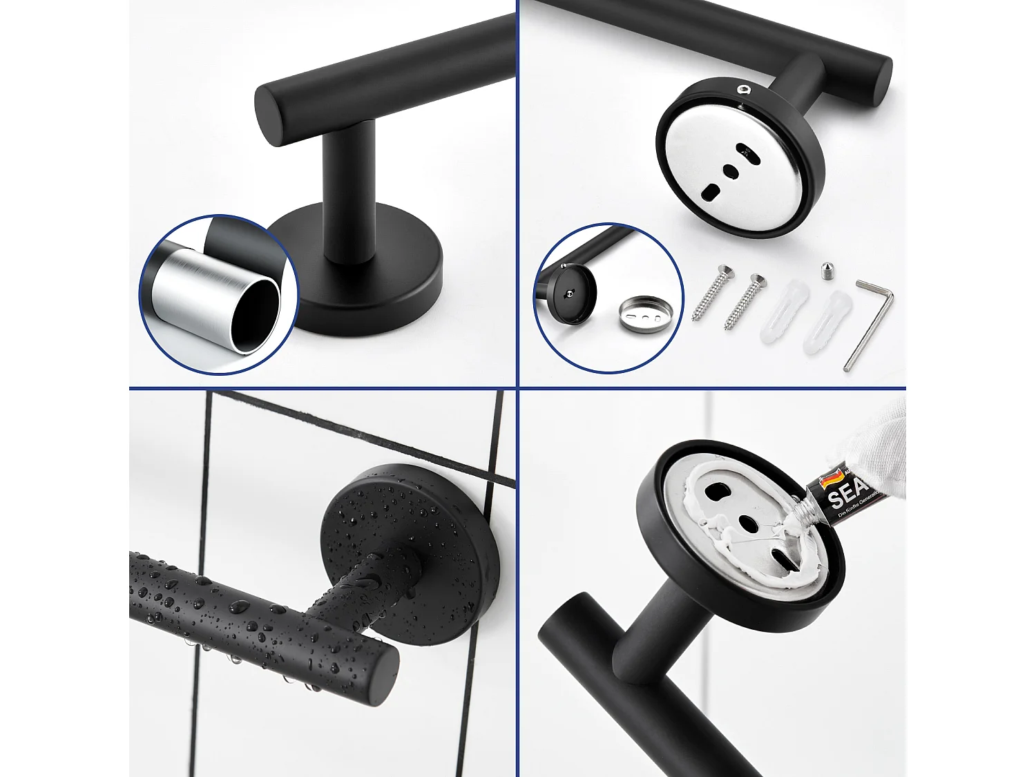 1PCS Noir + 1PCS Brossé Porte-serviettes de Salle de Bain - Porte-serviettes en Inox - Porte-serviettes Unipolaire Adapté pour Salle de Bain