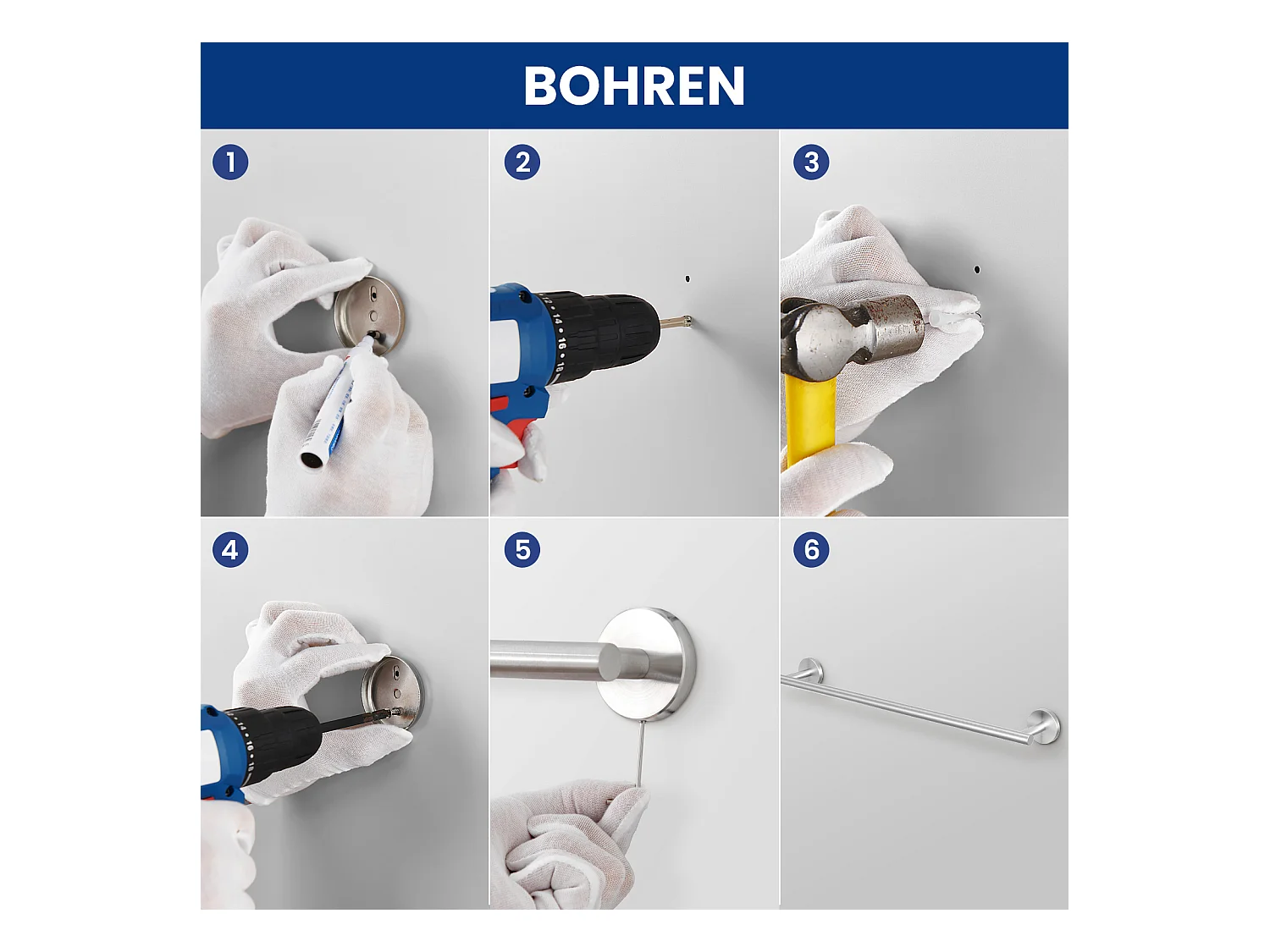 7-teiliges Badezimmerset – 1 Handtuchhalter + 1 seitlicher Handtuchhalter + 1 Papierrollenhalter + 4 Haken (gebürstet)