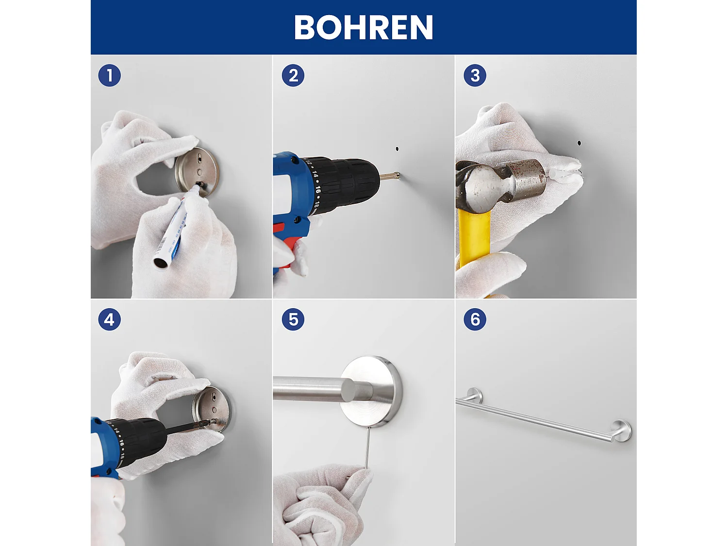 Set da bagno 7 pezzi: 1 portasciugamani + 1 portasciugamani laterale + 1 portarotolo + 4 ganci (spazzolato)