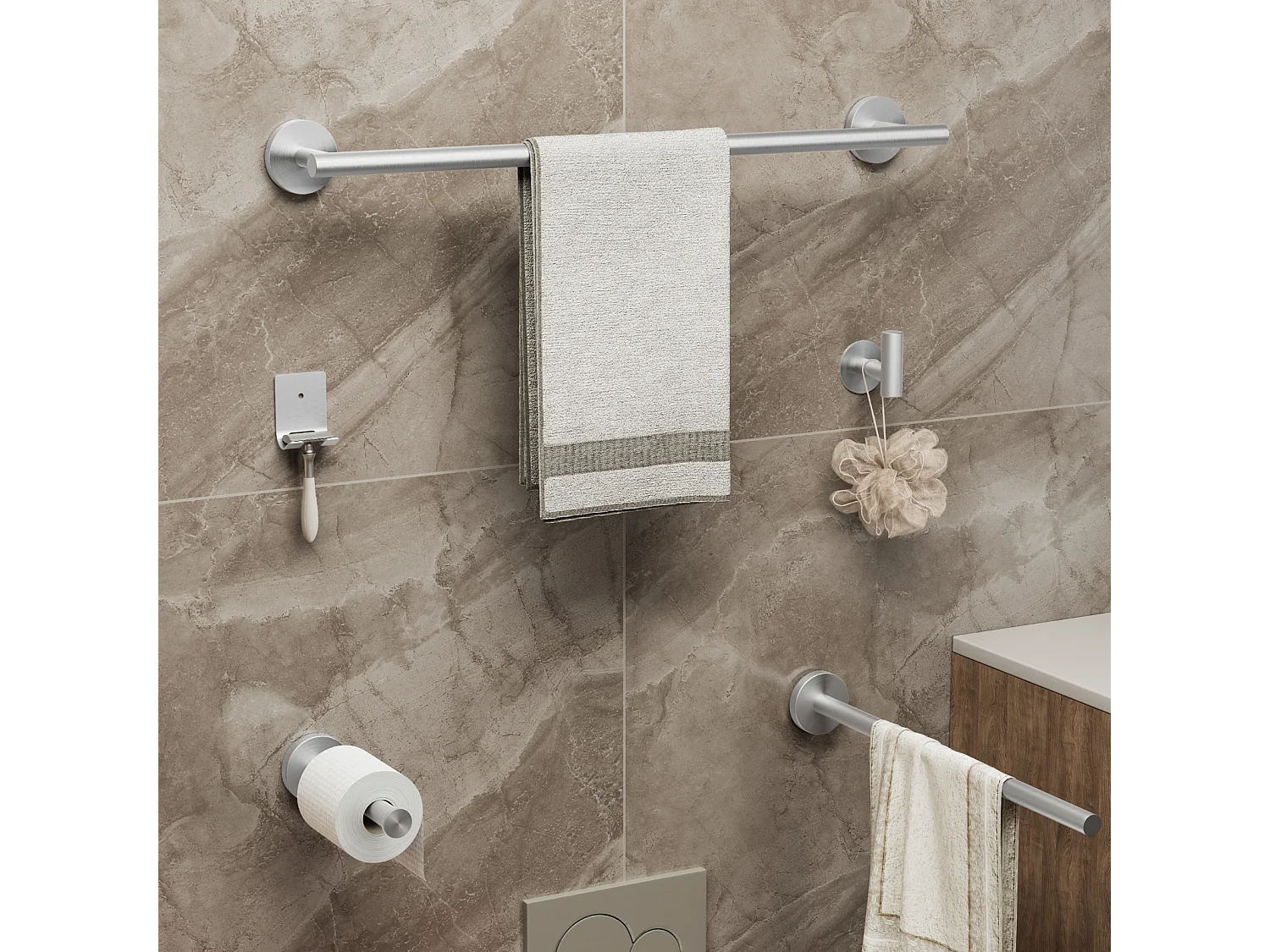 Set da bagno 7 pezzi: 1 portasciugamani + 1 portasciugamani laterale + 1 portarotolo + 4 ganci (spazzolato)