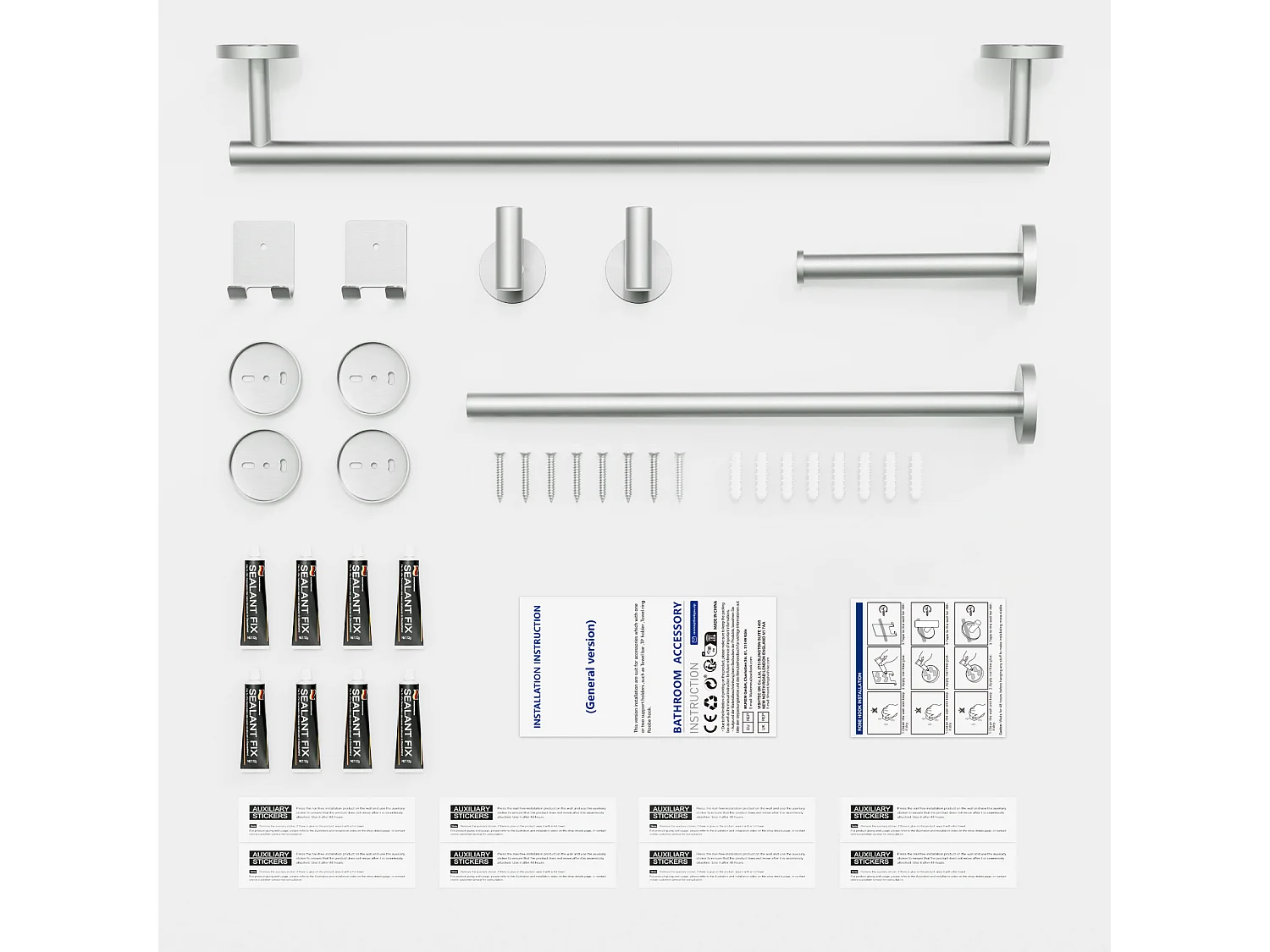 Juego de baño de 7 piezas: 1 toallero + 1 toallero lateral + 1 portarrollos de papel + 4 ganchos (cepillados)