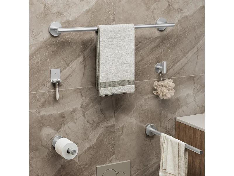 Juego de baño de 7 piezas: 1 toallero + 1 toallero lateral + 1 portarrollos de papel + 4 ganchos (cepillados)