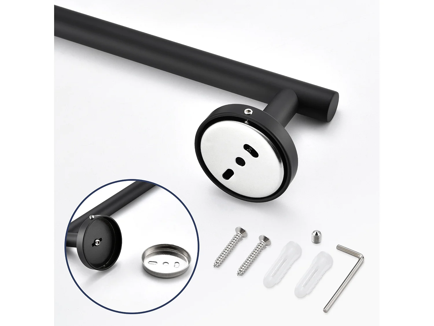 Toallero multifuncional de acero inoxidable de 2 piezas, toallero de un solo polo adecuado para baño/servilleta sanitaria (1 pieza negro, 1 pieza cepillado)