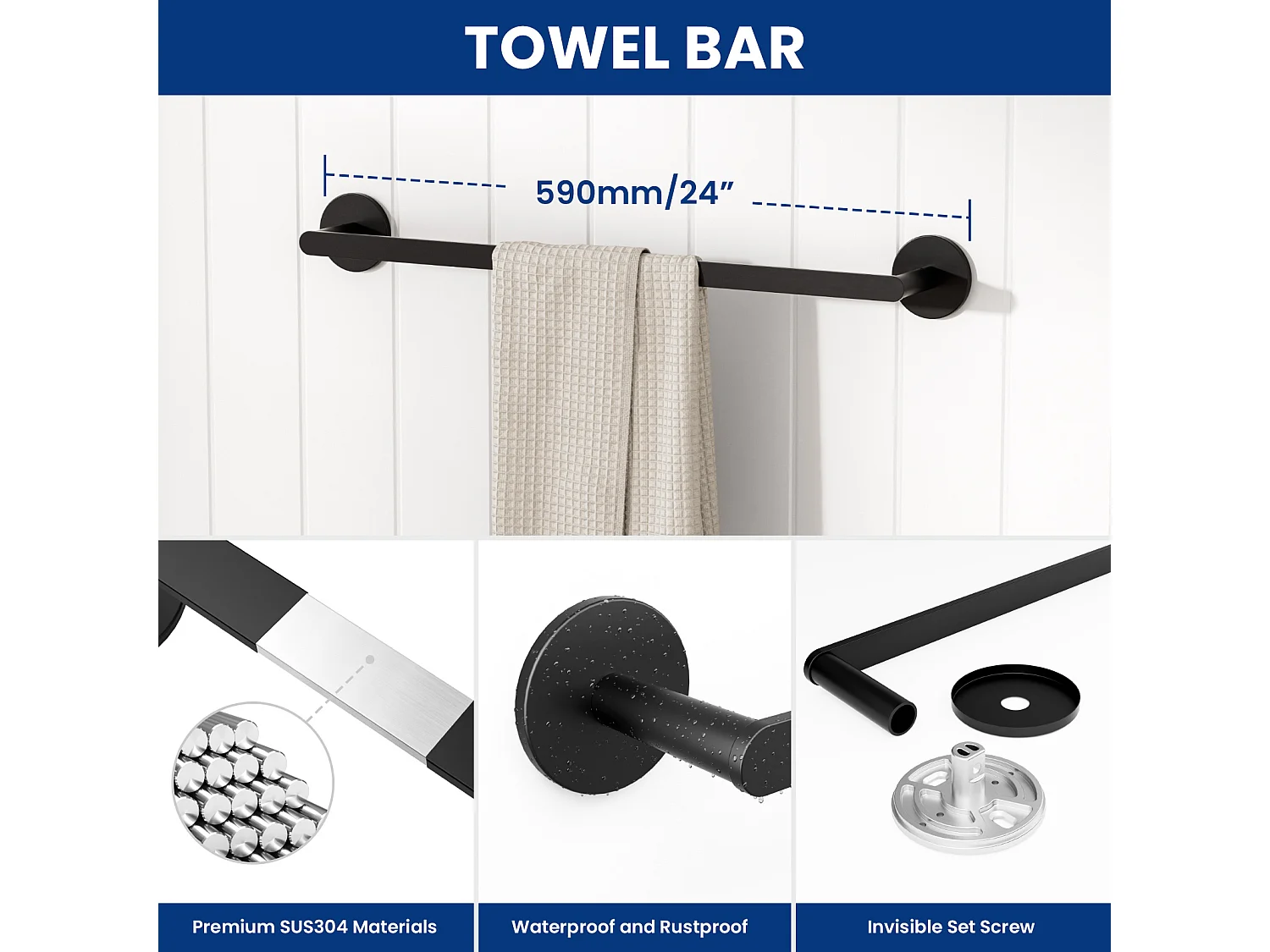 Cecipa MAX Toallero de Baño - Puede Colgar 2 Toallas - Toallero de Acero Inoxidable Negro - Toallero para Baño