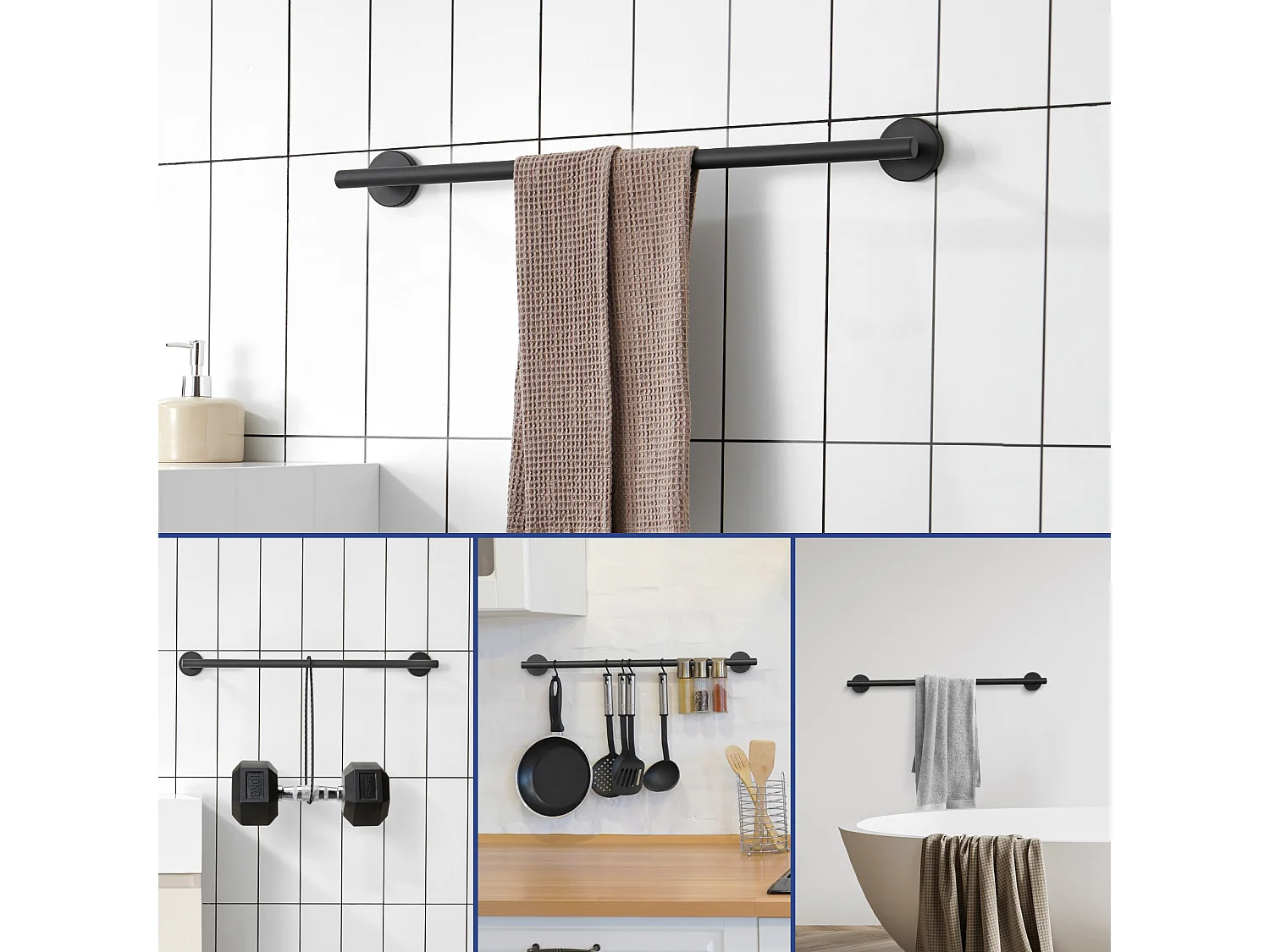 Portasciugamani nero multifunzionale in acciaio inossidabile 304, portasciugamani unipolare adatto per bagno/assorbente sanitario/cucina