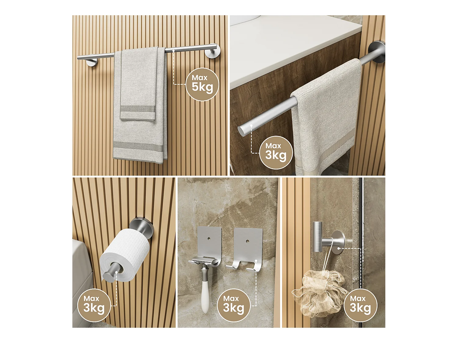 Cecipa MAX wandgemonteerd handdoekenrek badkamer toiletrolhouder geborsteld roestvrij staal badkamer ophangset 4-delig