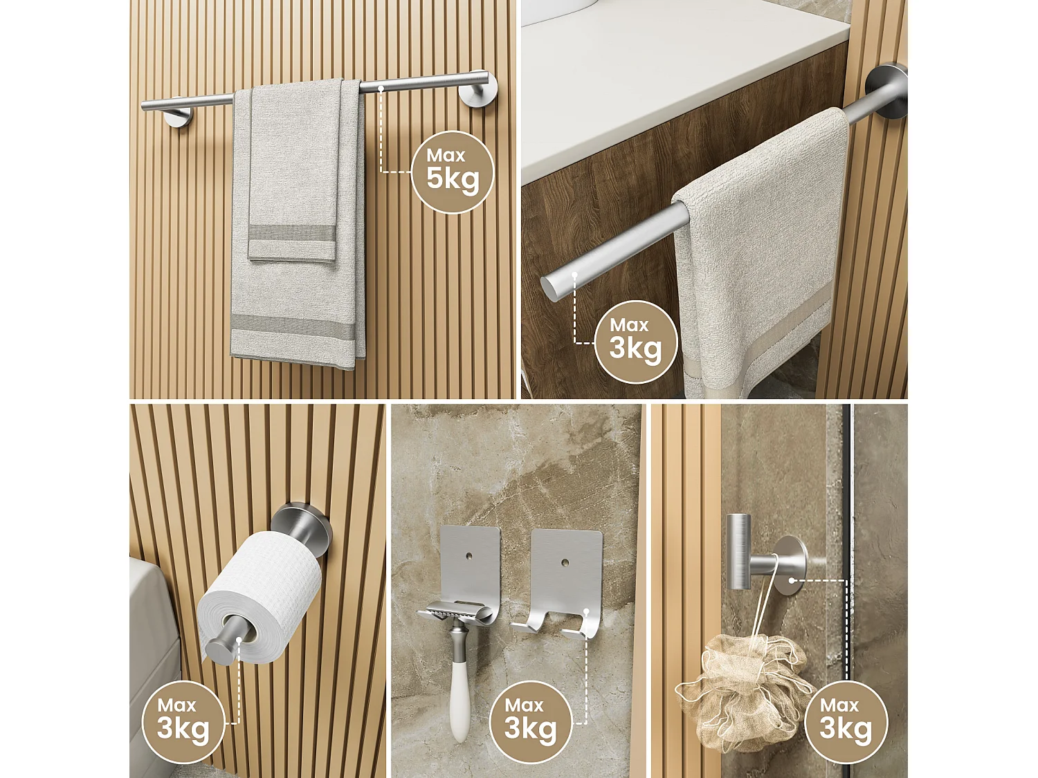 Cecipa MAX Porte-serviettes Mural Salle de Bain Porte-papier Hygiénique en Acier Inoxydable Brossé Ensemble de Suspension de Salle de Bain 4 Pièces