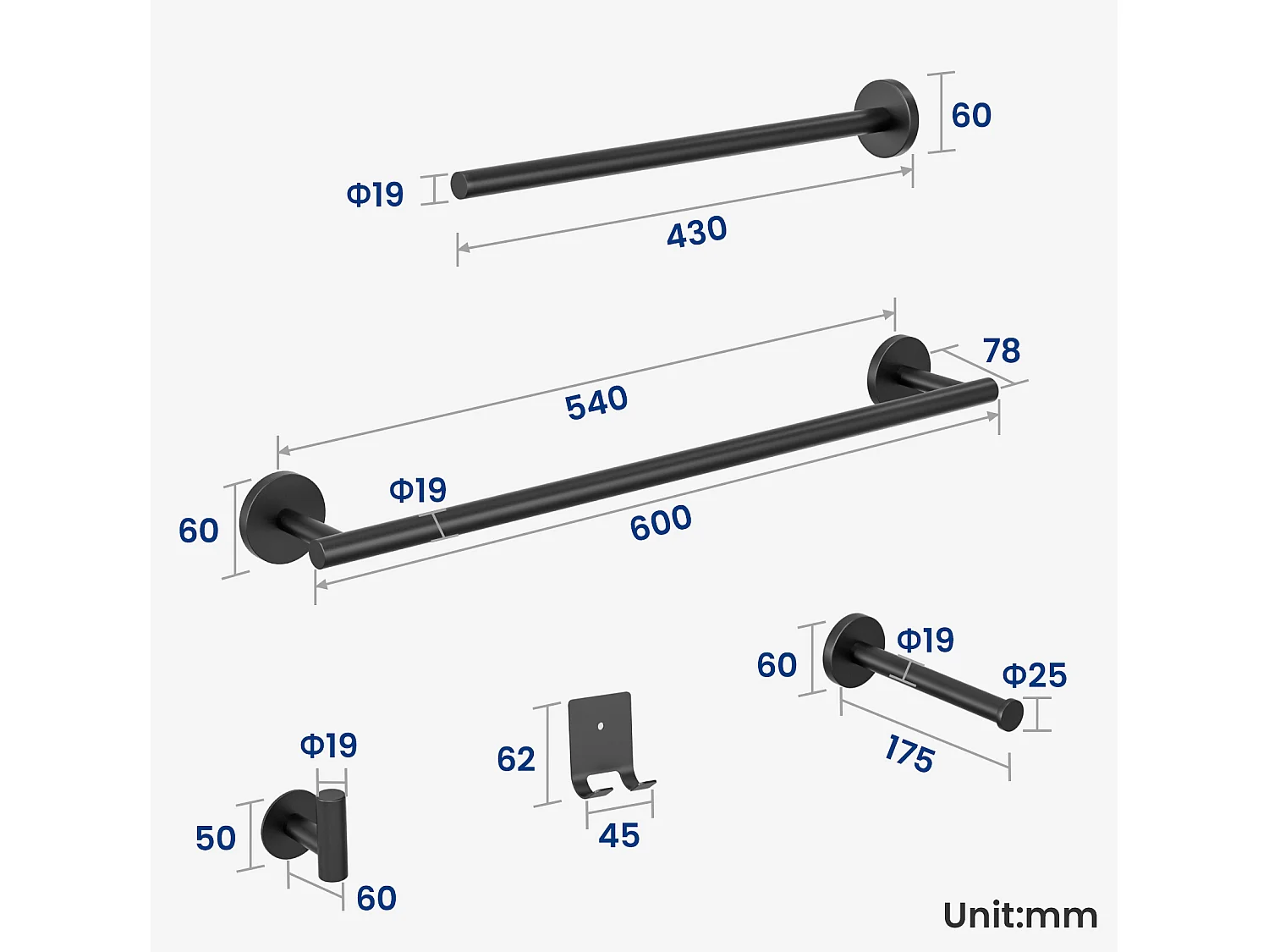 7-teiliges Badezimmerset – 1 Handtuchhalter + 1 seitlicher Handtuchhalter + 1 Papierrollenhalter + 4 Haken (schwarz)