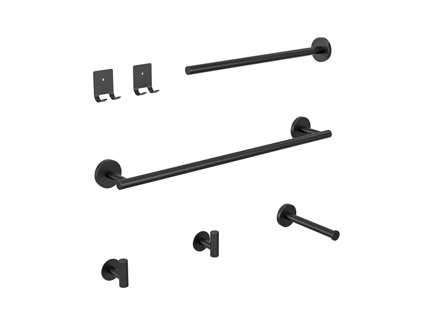Set da bagno 7 pezzi: 1 portasciugamani + 1 portasciugamani laterale + 1 portarotolo + 4 ganci (nero)