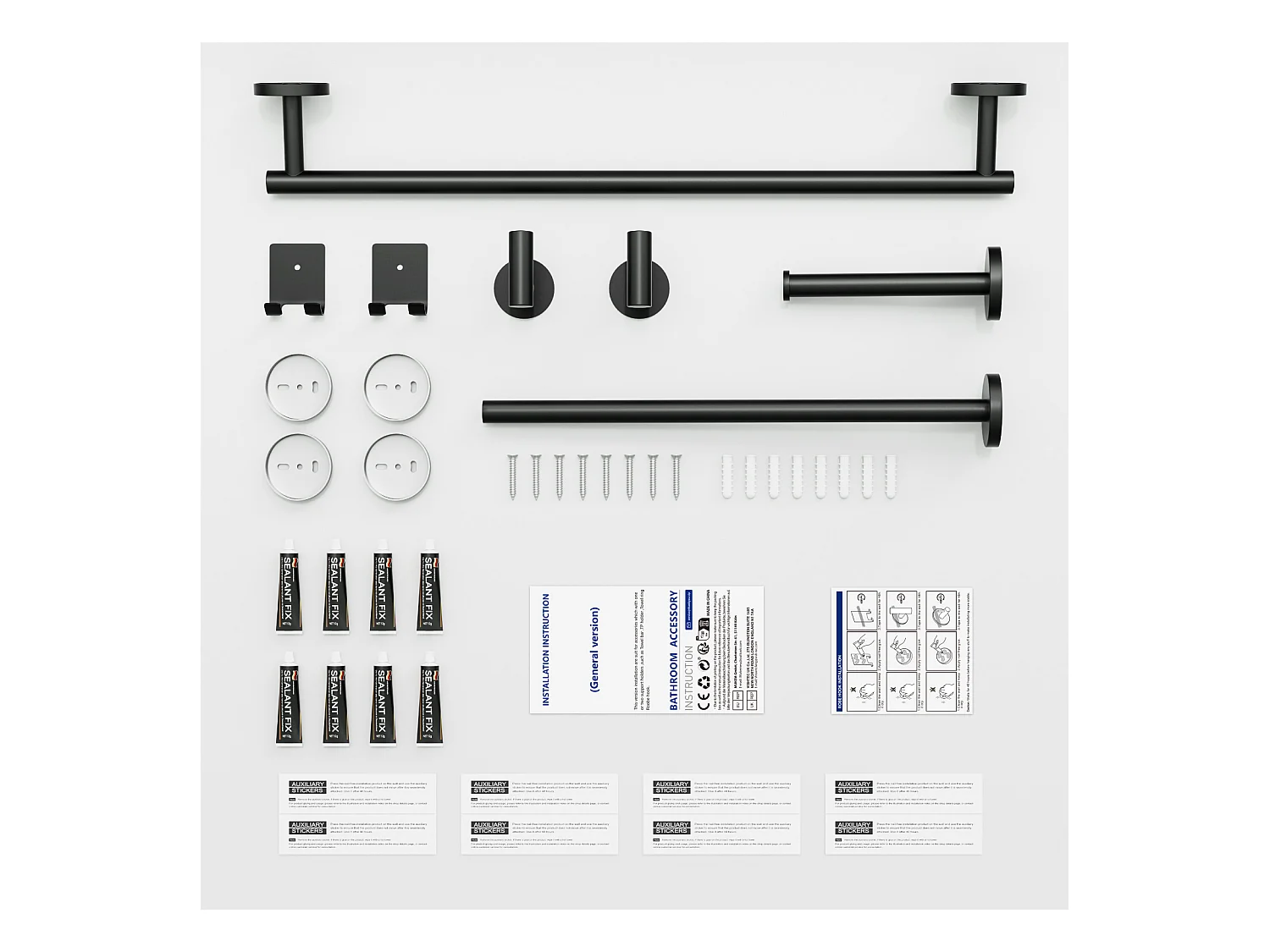 Set da bagno 7 pezzi: 1 portasciugamani + 1 portasciugamani laterale + 1 portarotolo + 4 ganci (nero)