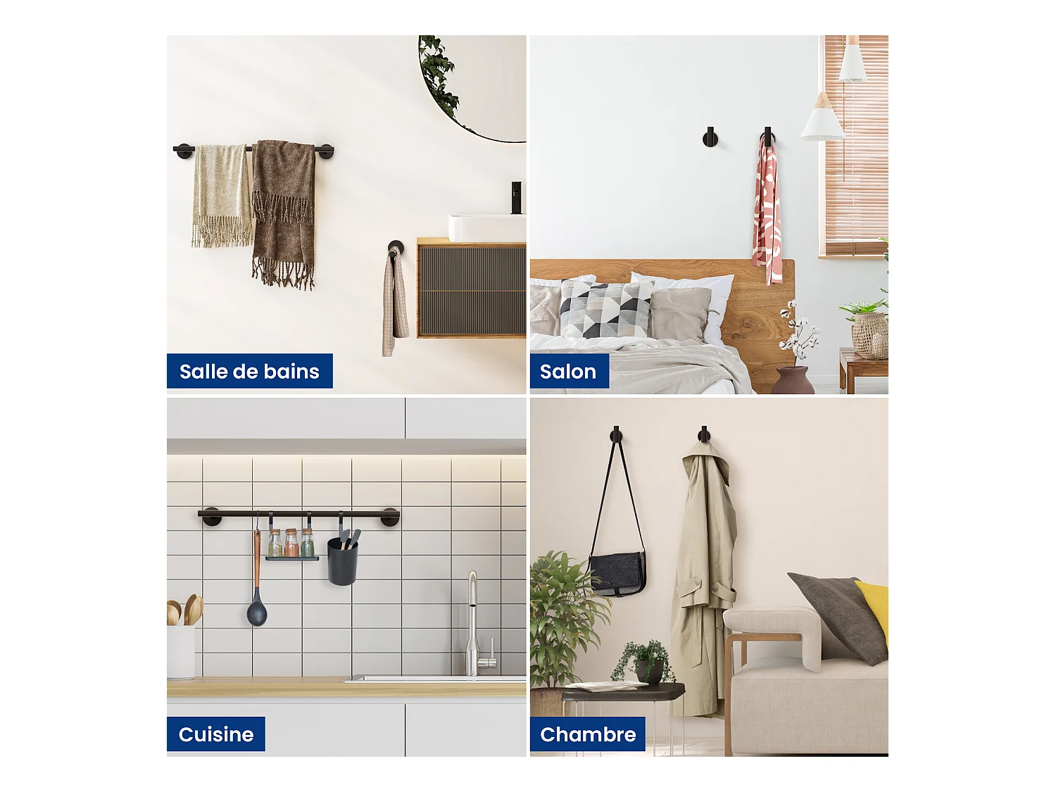 Set da bagno 7 pezzi: 1 portasciugamani + 1 portasciugamani laterale + 1 portarotolo + 4 ganci (nero)