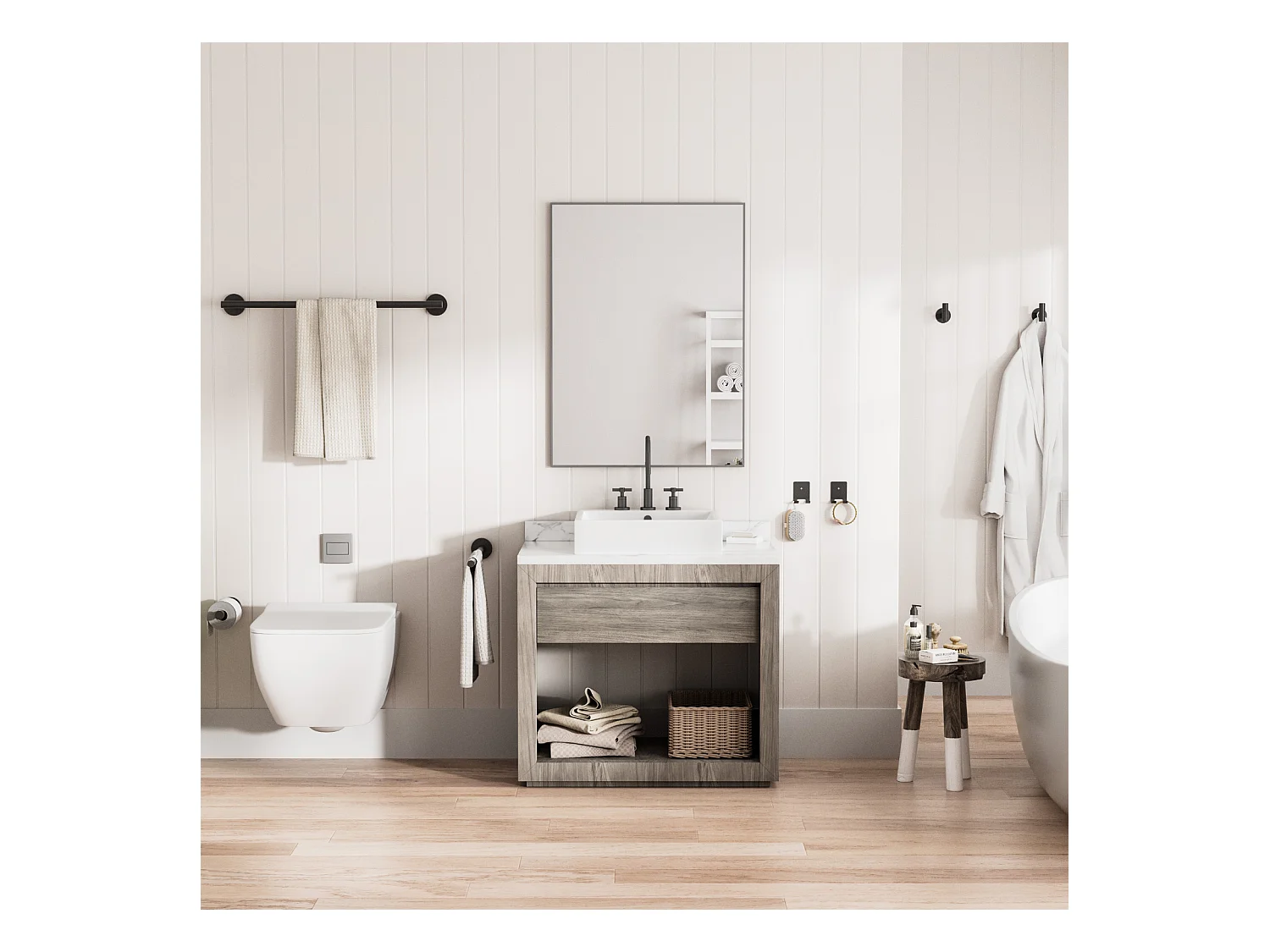 Set da bagno 7 pezzi: 1 portasciugamani + 1 portasciugamani laterale + 1 portarotolo + 4 ganci (nero)