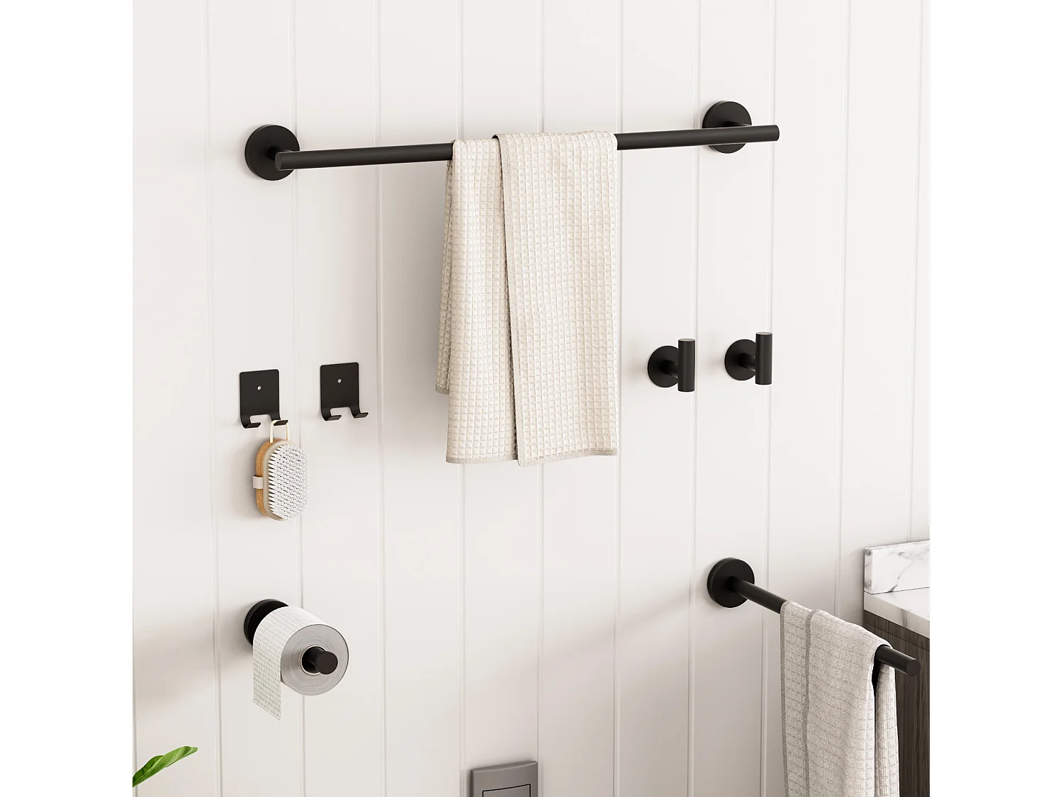 Set da bagno 7 pezzi: 1 portasciugamani + 1 portasciugamani laterale + 1 portarotolo + 4 ganci (nero)