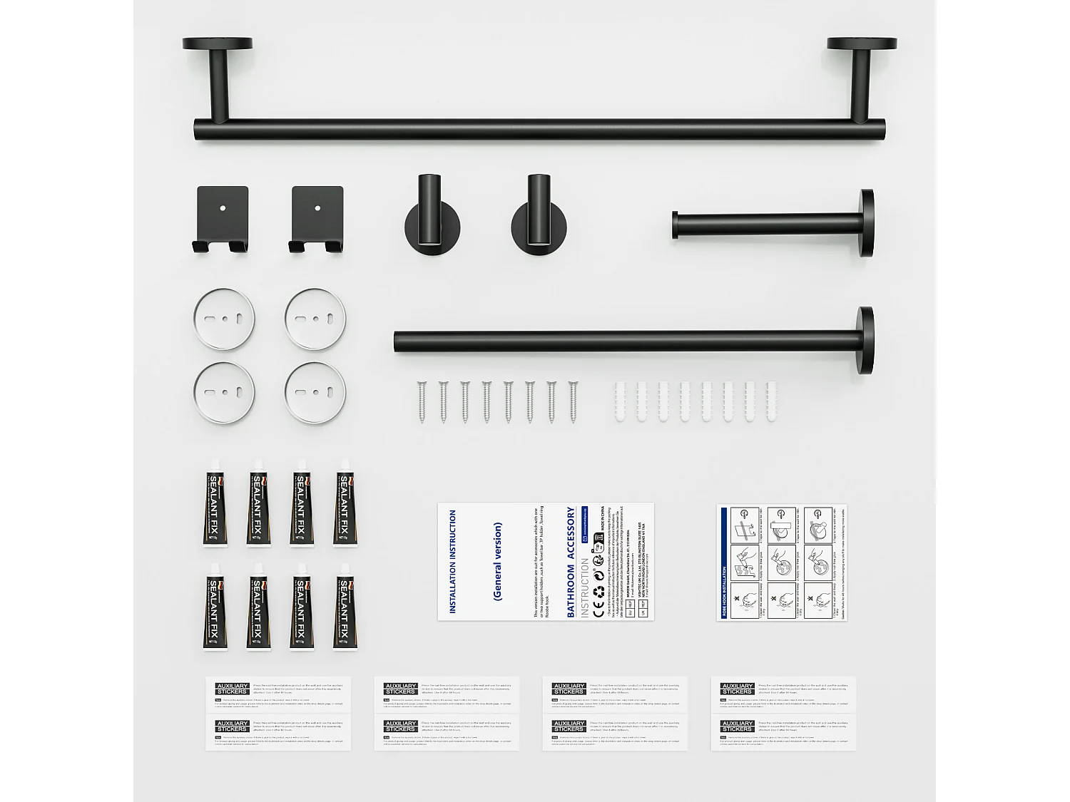 Set da bagno 7 pezzi: 1 portasciugamani + 1 portasciugamani laterale + 1 portarotolo + 4 ganci (nero)