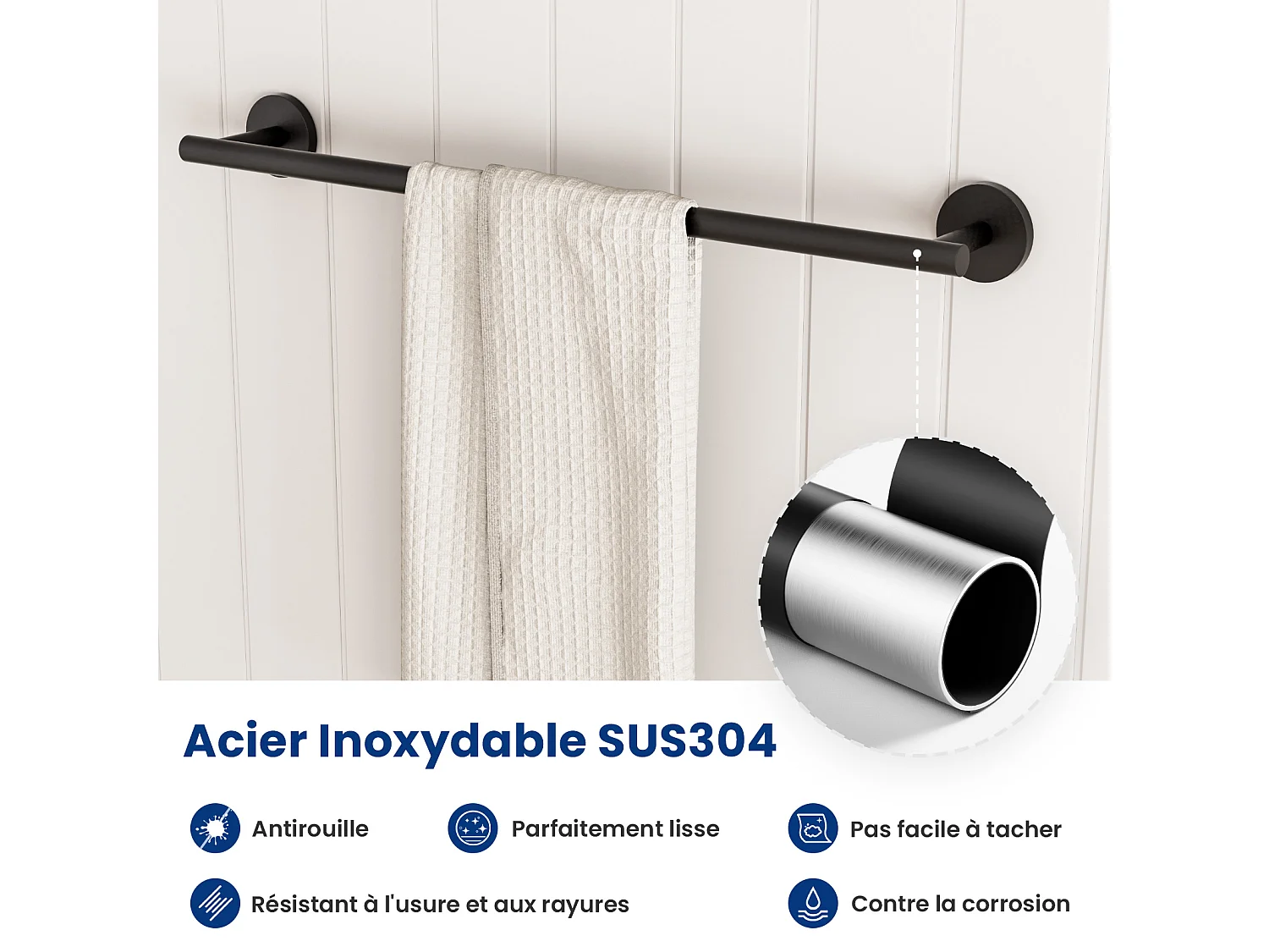 Set da bagno 7 pezzi: 1 portasciugamani + 1 portasciugamani laterale + 1 portarotolo + 4 ganci (nero)